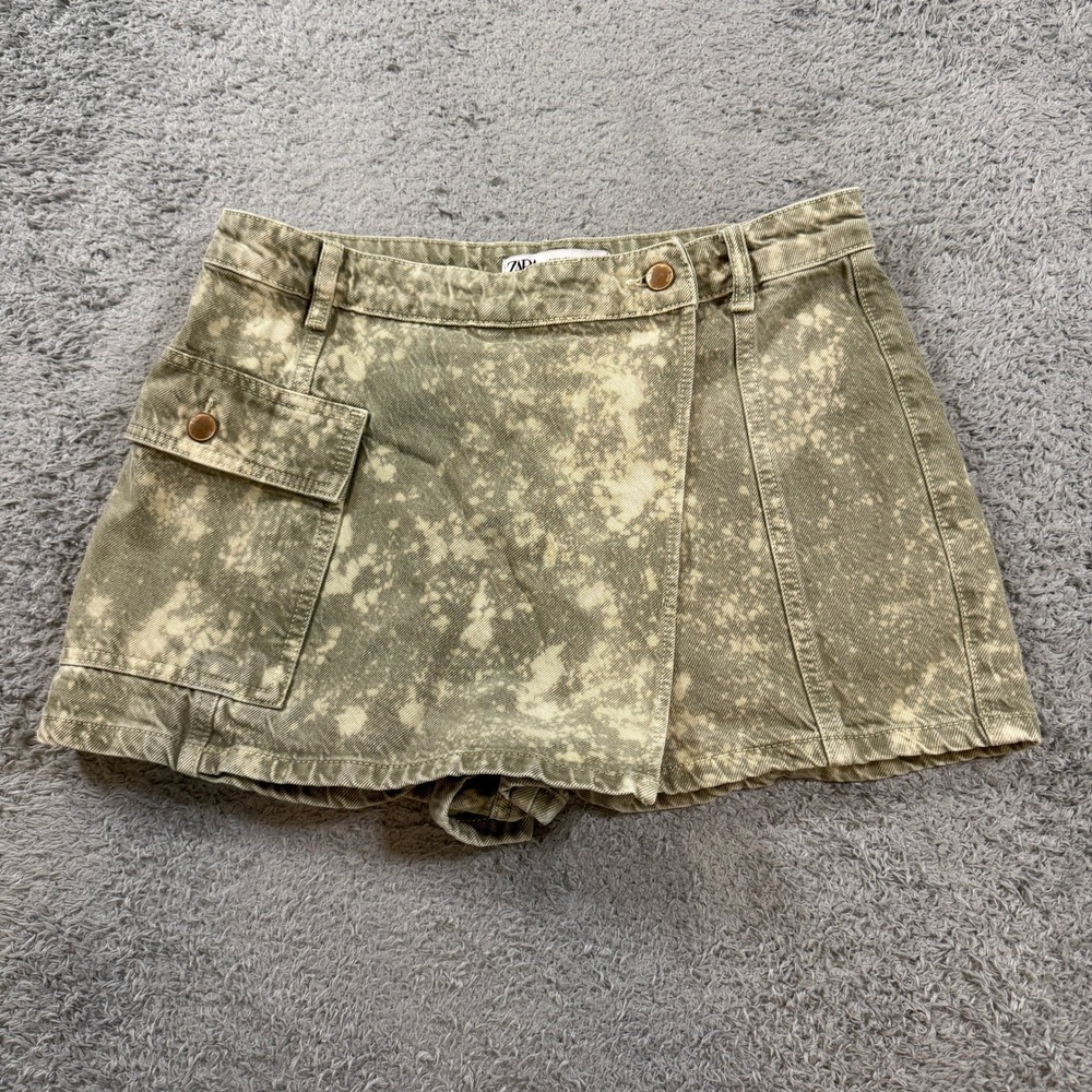 Zara Women Acid Wash Cargo Denim Skort Size M Olive Green Wrap Front Mini Skirt